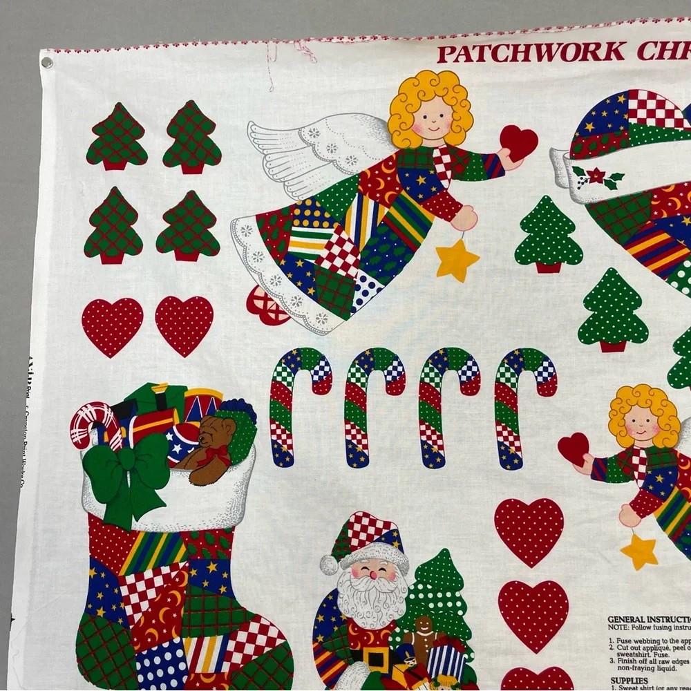 Vintage Christmas Applique Fabric Panel No Sew Patchwork Santa Angel Hearts #K15